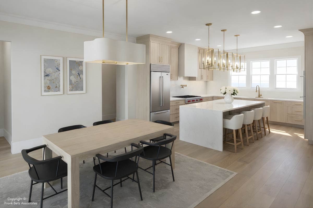 Interior rendering of a modern kitchen with a large island, stainless steel appliances, and a dining area.