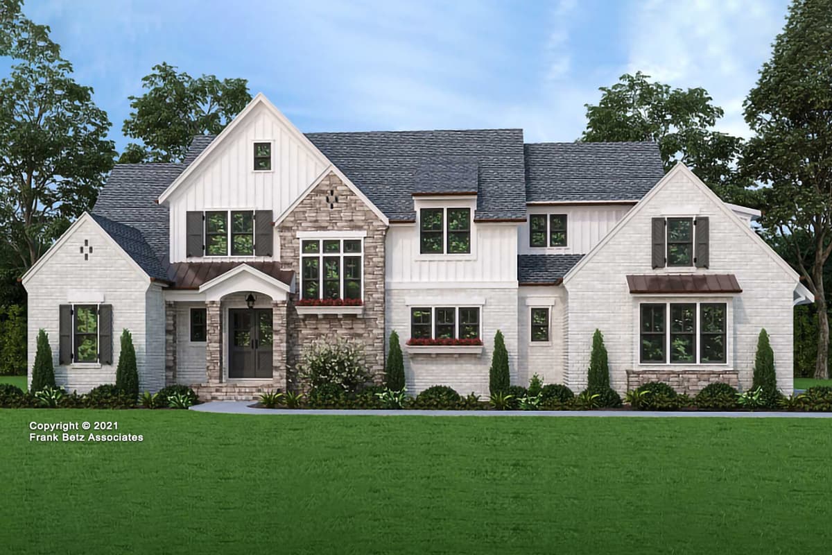 House plan exterior. Two-story Modern Farmhouse with stone accents, multiple gables, and dark shutters. Includes a front porch and dormers.