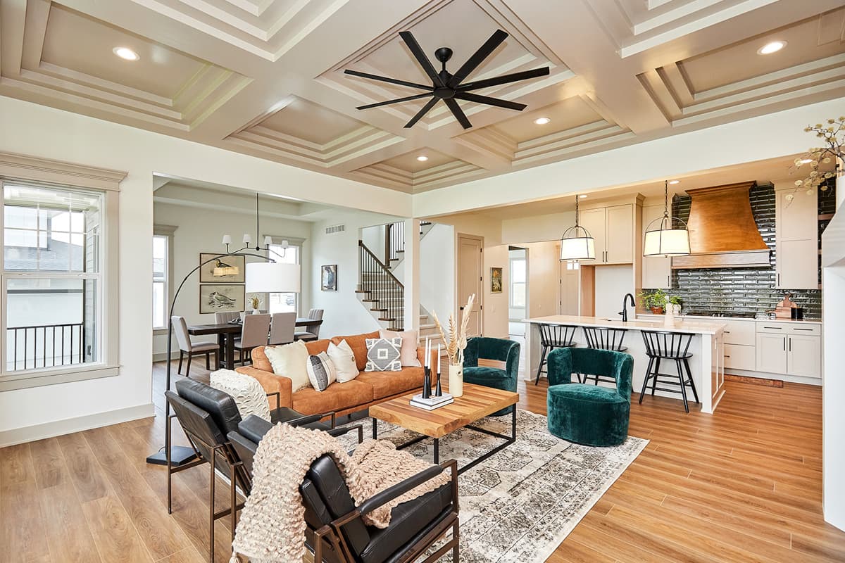 Plan 710393BTZ: 4-Bed Transitional House Plan with Large Family Room with Coffered Ceiling - Image #4 - Country, Craftsman, New American, Transitional