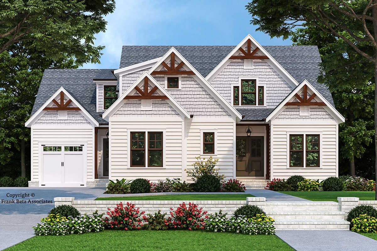 House plan exterior view of a two-story Craftsman home. Features include multiple gables, exposed timber accents, and a front-facing garage.