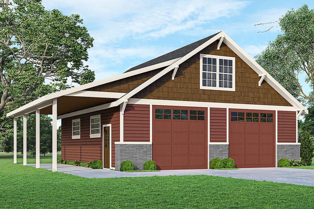 House plan exterior featuring Craftsman style, two-car garage, covered porch, decorative gable, and shake siding on the second story.