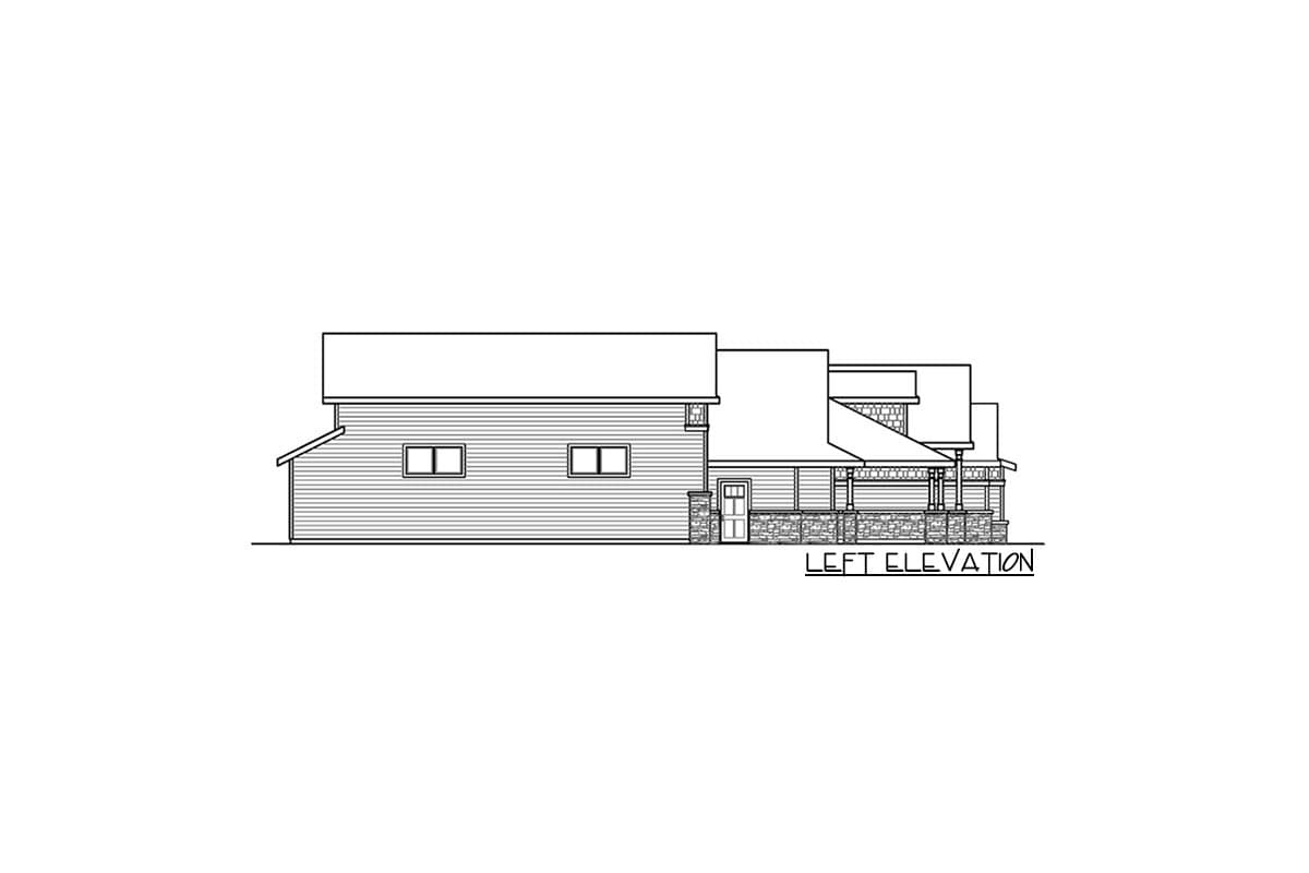 Left elevation house plan drawing showing horizontal siding, a covered porch with stone base, and multiple gables.