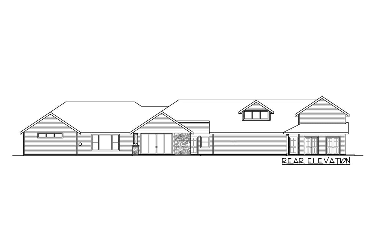 Rear elevation drawing of a single-story house with a dormer, gabled roof, and stone-accented entrance.