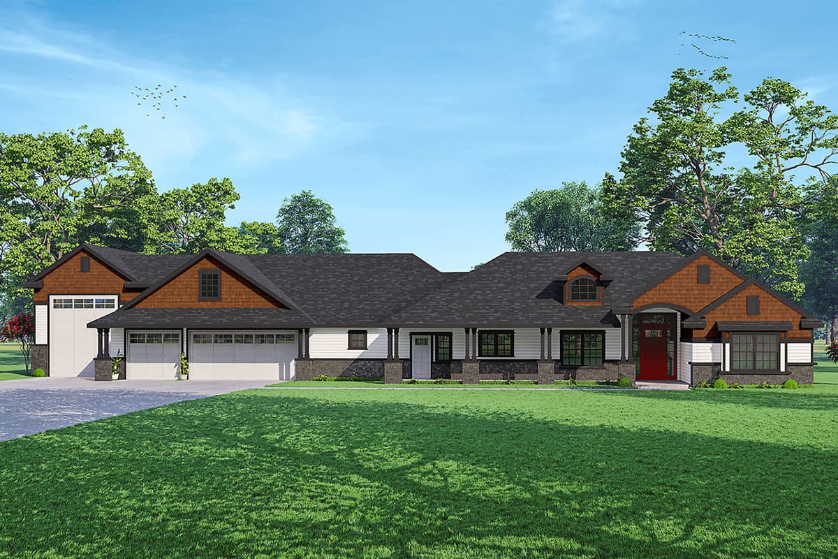 House plan exterior. Single-story Ranch style home with a front porch, multiple dormers, and a three-car garage with gabled roof accents.