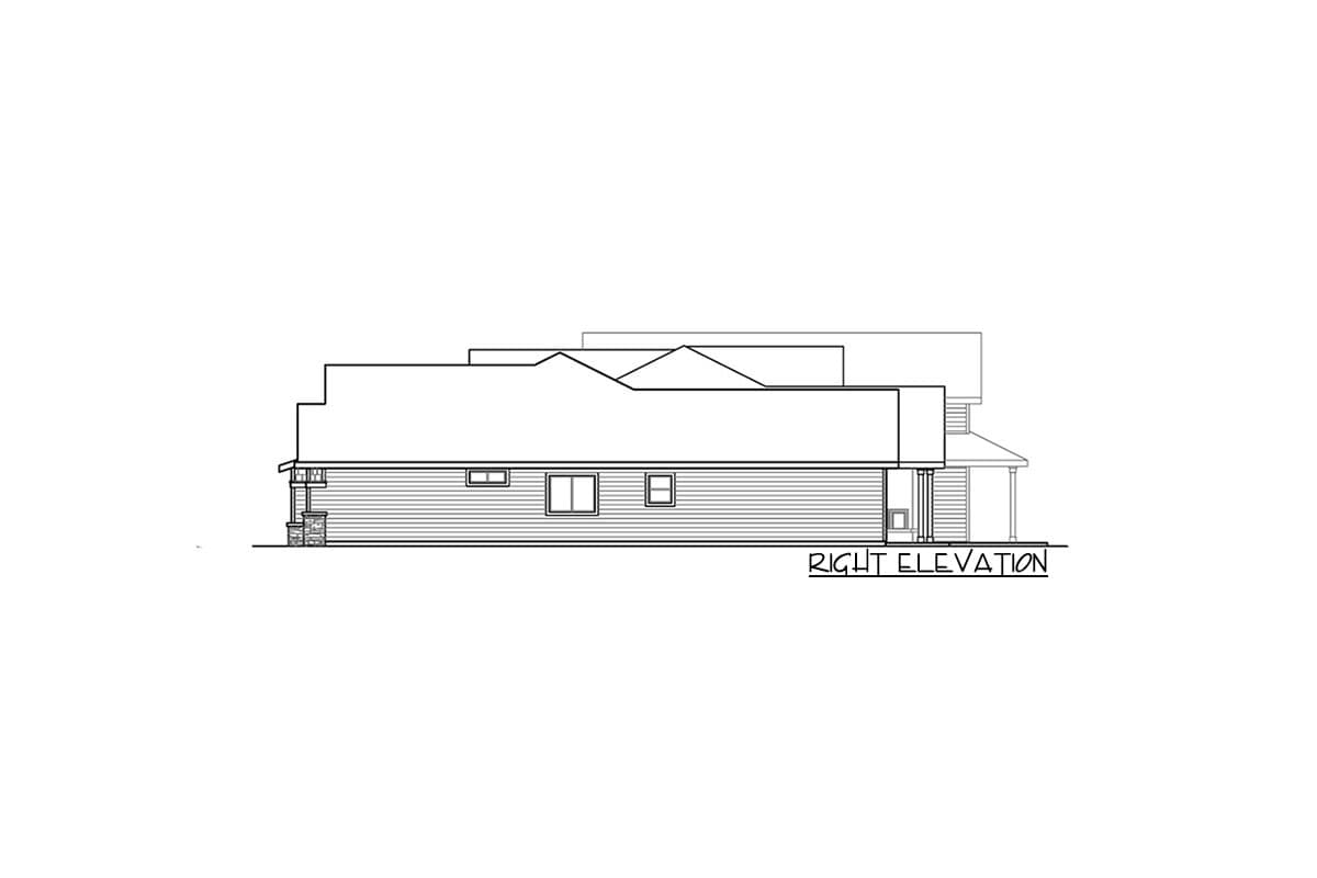 Right elevation house plan drawing showing a single-story home with horizontal siding, a covered entry, and multiple roof gables.