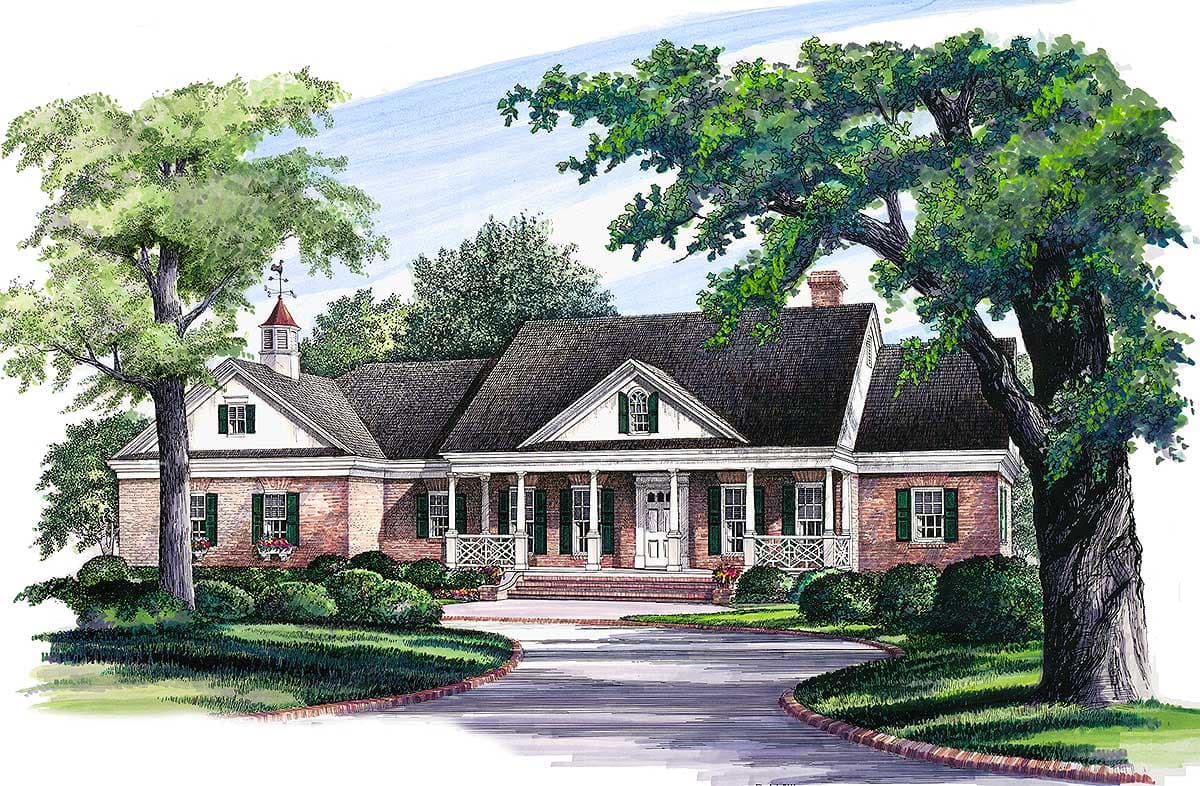 House plan exterior: Ranch style brick home with a covered porch, gables, dormers, and a cupola with weather vane.