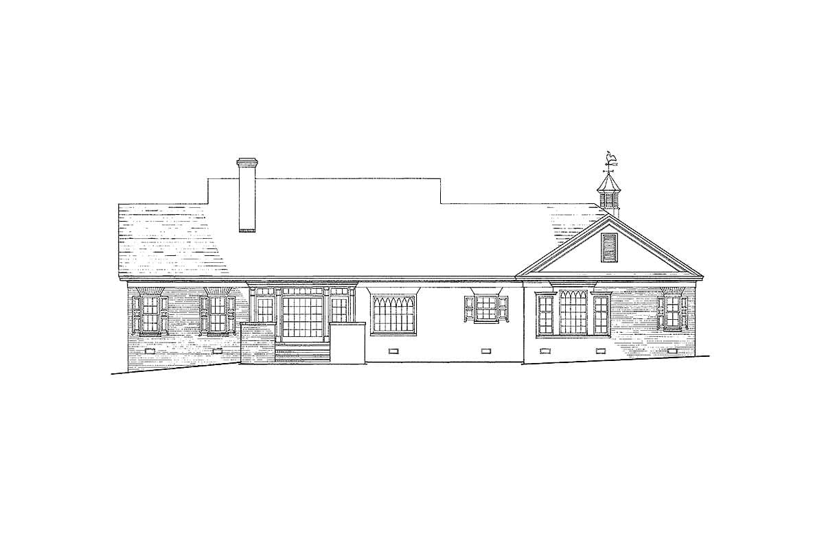 House plan exterior: one-story with gables, dormers, central chimney, and cupola.