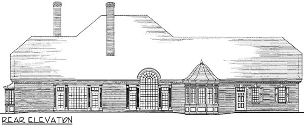 Rear elevation drawing of a house plan featuring two chimneys, a large central window with arched fanlight, and bay windows.