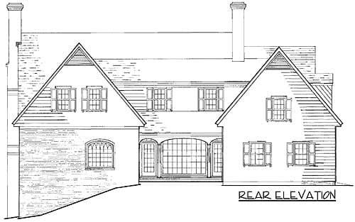 Rear elevation floor plan drawing showing gables, dormers, and a sunroom with arched windows.