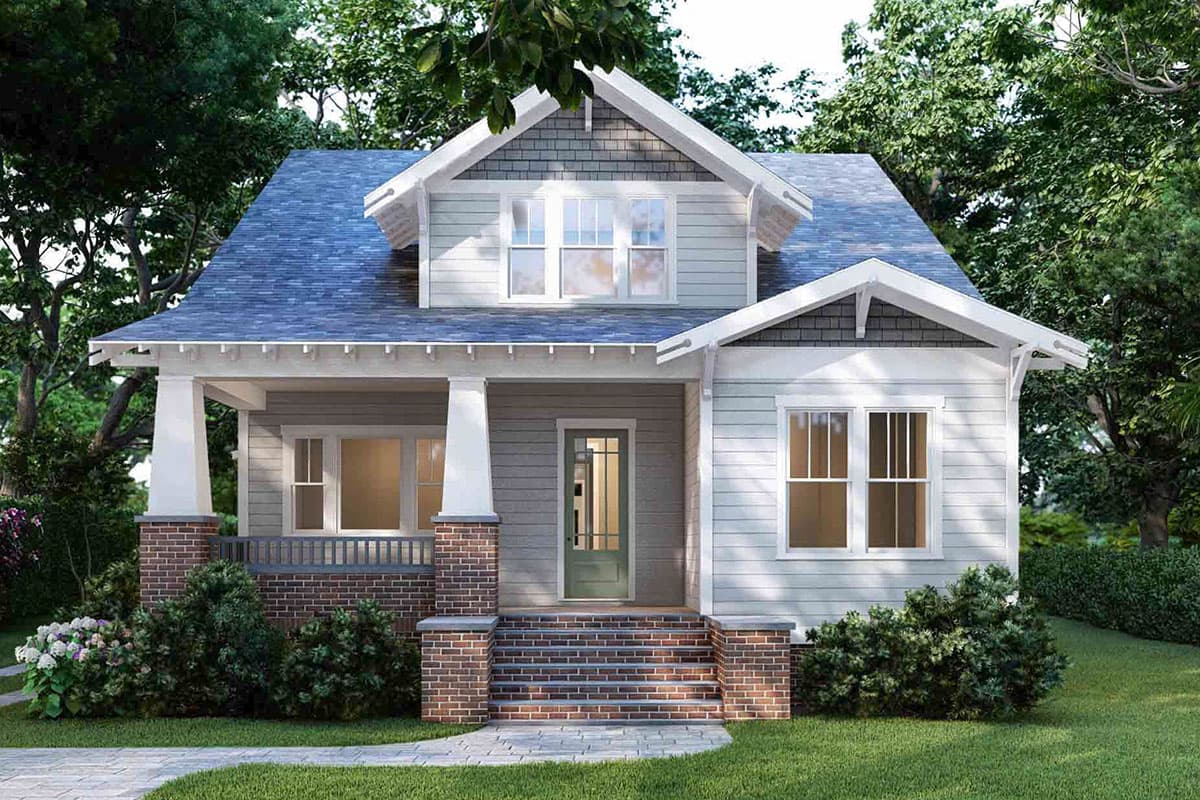 House plan exterior featuring a two-story Craftsman style with a gabled roof, a front porch with brick supports, and dormers.