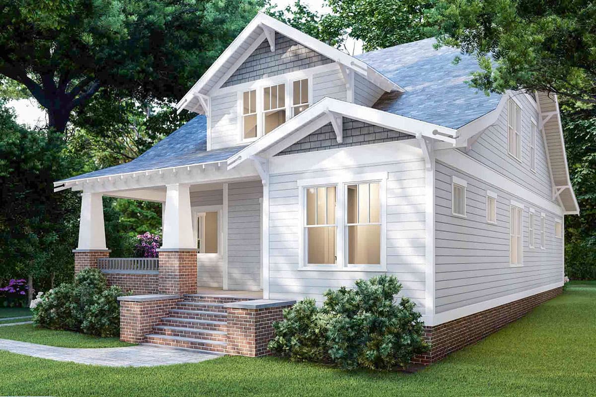 House plan exterior: Two-story Craftsman style with covered porch, brick accents, multiple gables, and double-hung windows.
