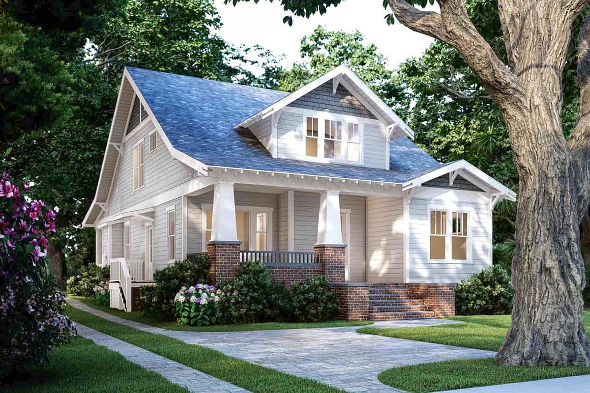 Craftsman style house plan exterior with a covered front porch, prominent gables, and dormer windows.