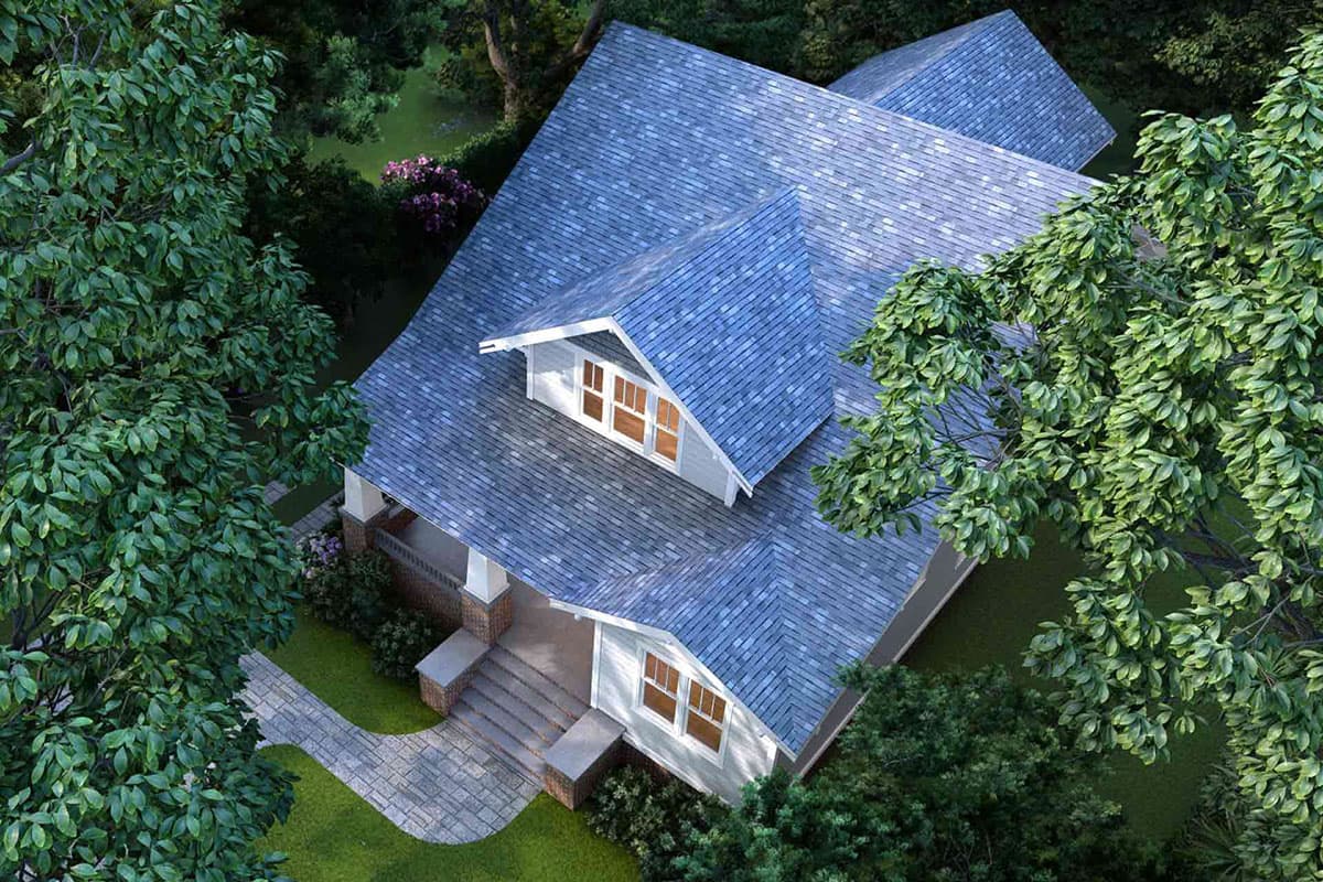 House plan exterior view, two-story with gables, dormer, covered front porch, and prominent rooflines.
