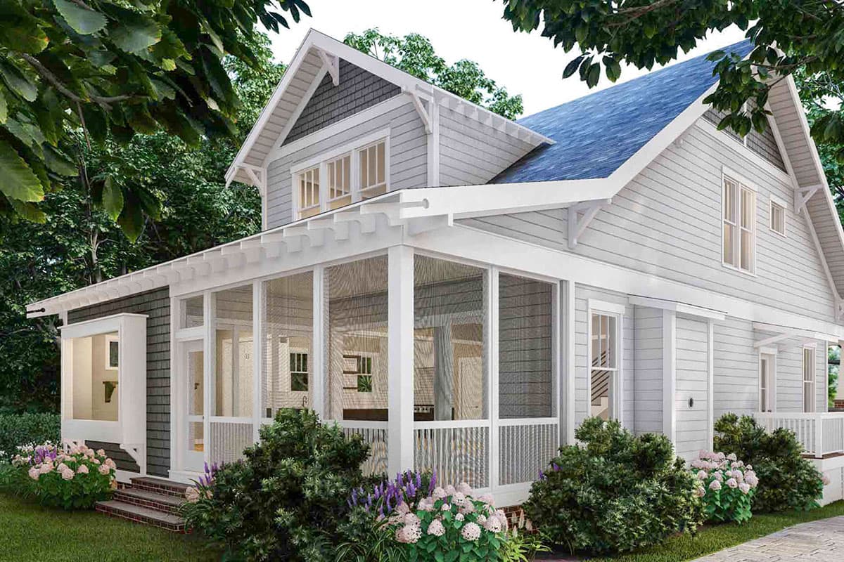 House plan exterior: Two-story Modern Farmhouse with screened porch, prominent gables, and decorative brackets.