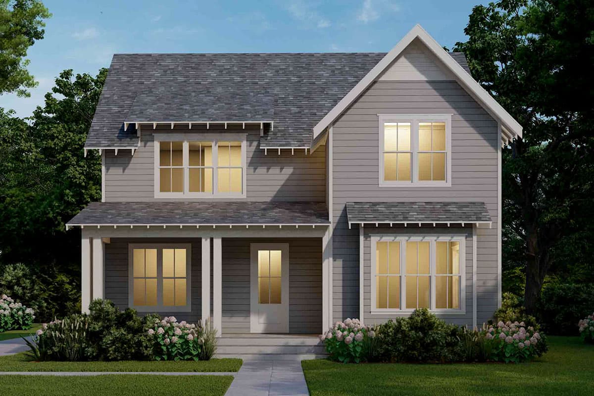 House plan exterior. Two-story home with Craftsman details. Features include a front porch, gabled roof, and multiple double-hung windows.