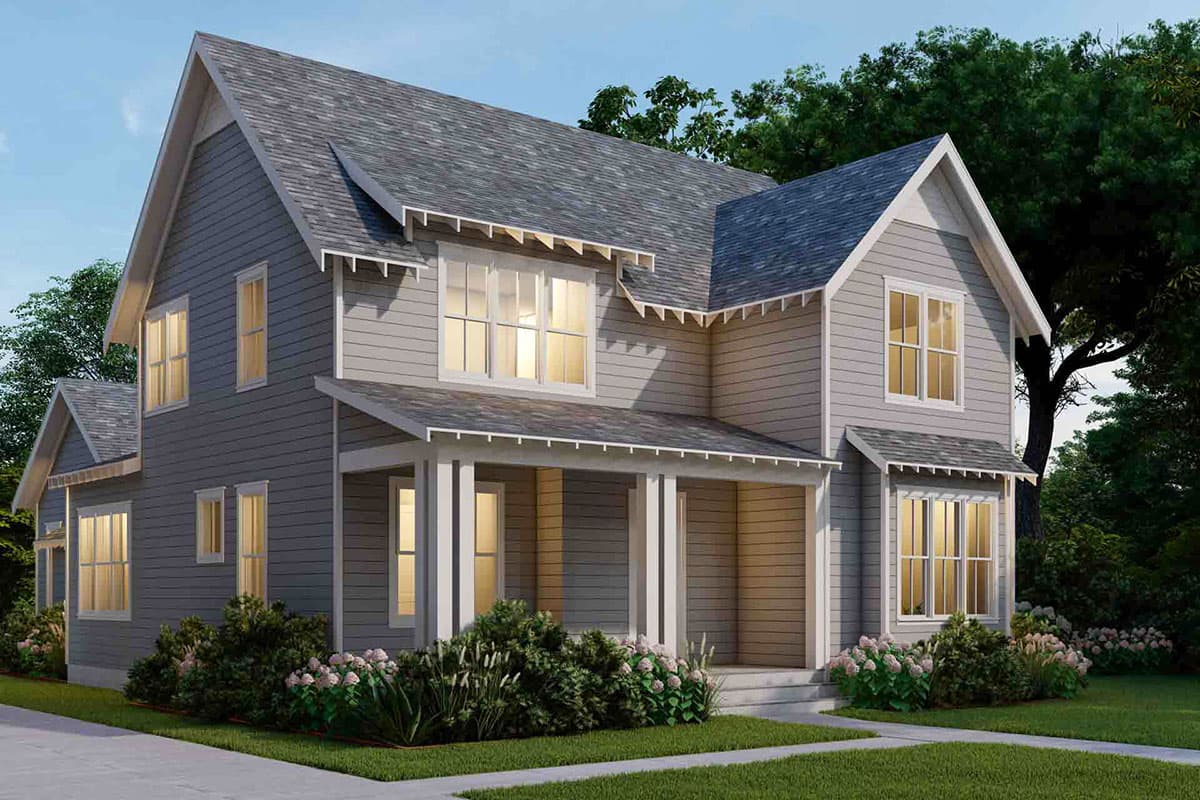 House plan exterior: Two-story modern farmhouse with front porch, multiple gables, and board-and-batten siding.