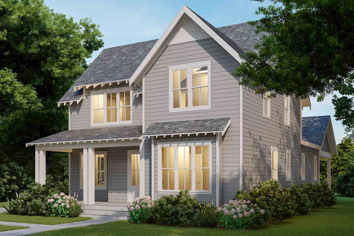 House plan exterior: two-story modern farmhouse with gabled rooflines, front porch, and multiple gables.