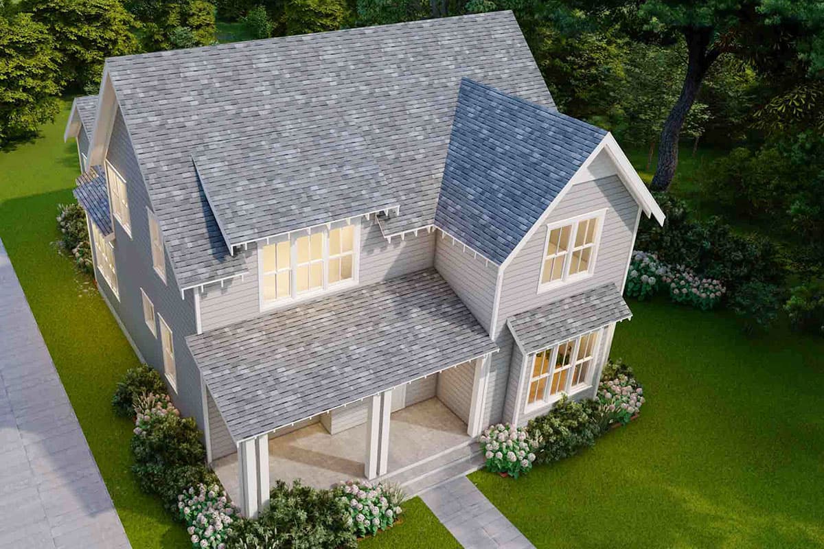 House plan exterior: Two-story home with gables, prominent rooflines, and covered front porch with support columns.