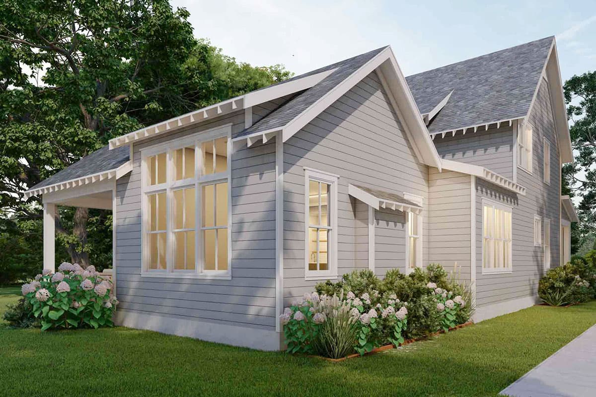 Modern Farmhouse house plan exterior with a gable roof, horizontal siding, white trim, large multi-pane windows, and a covered porch.