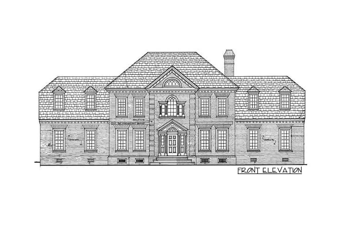 Front elevation drawing of a two-story house with a hipped roof, dormers, and a prominent central entrance.