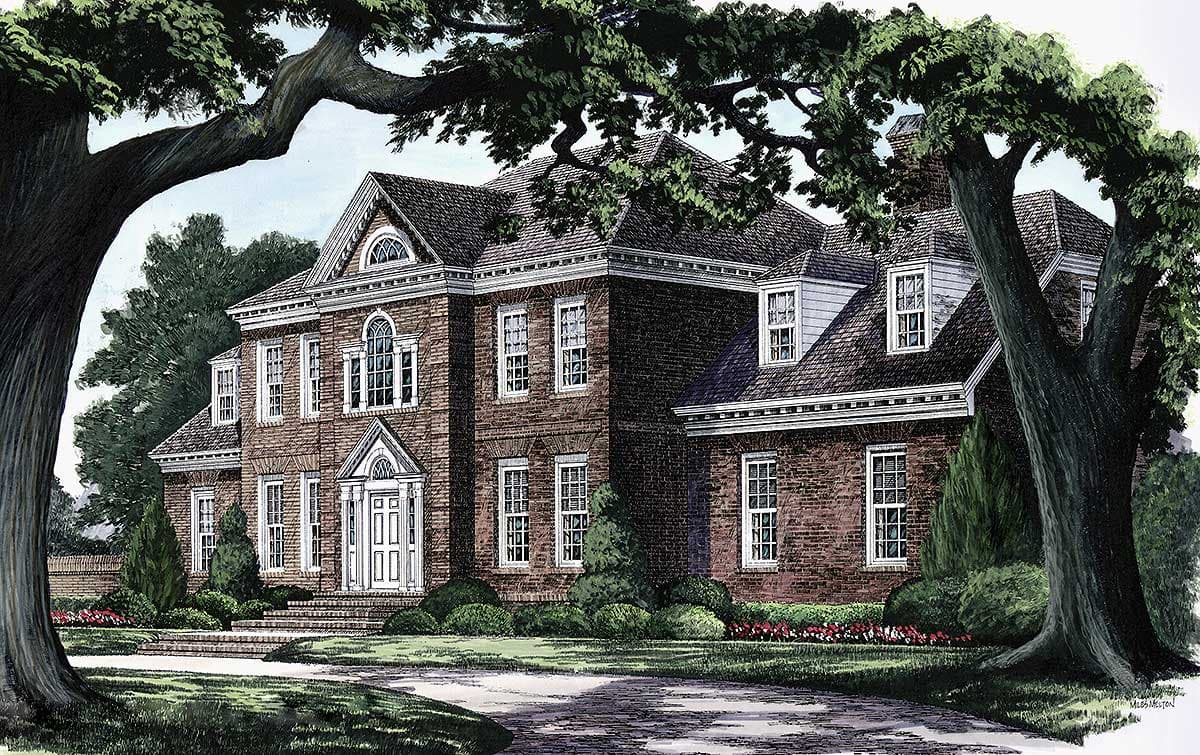 House plan exterior: Georgian style, brick facade, symmetrical windows, central pediment entrance, arched dormers.