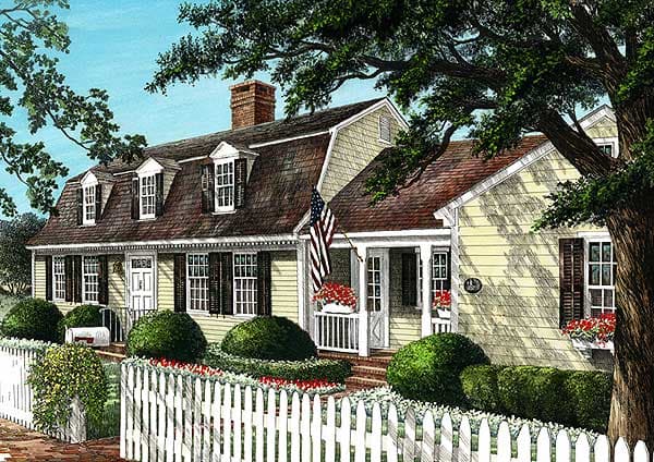 House plan exterior of a Dutch Colonial style home with a gambrel roof, dormers, central dormer with pediment, and a white picket fence.