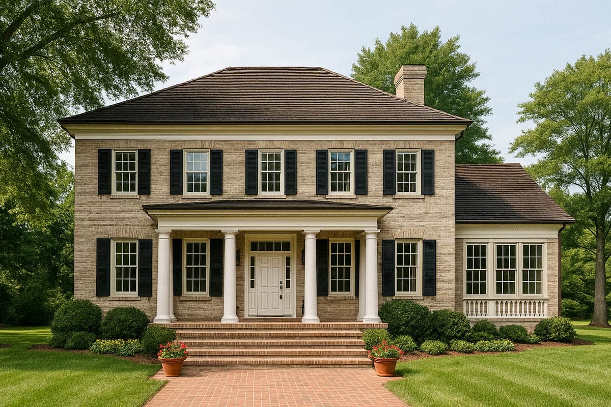House plan exterior: Two-story Colonial with portico supported by columns, multiple windows with black shutters, and brick facade.