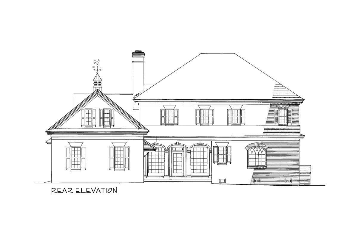 Rear elevation drawing of a two-story house with gables, dormers, arched windows, and a covered entryway.