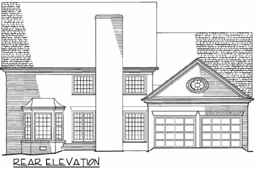 Rear elevation of a house plan featuring a large chimney, bay window, double doors, and a two-car garage.