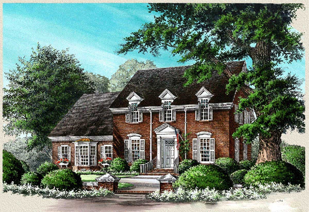 House plan exterior: Brick two-story home with central entrance, multiple gables with dormers, bay windows, and a hipped roof.