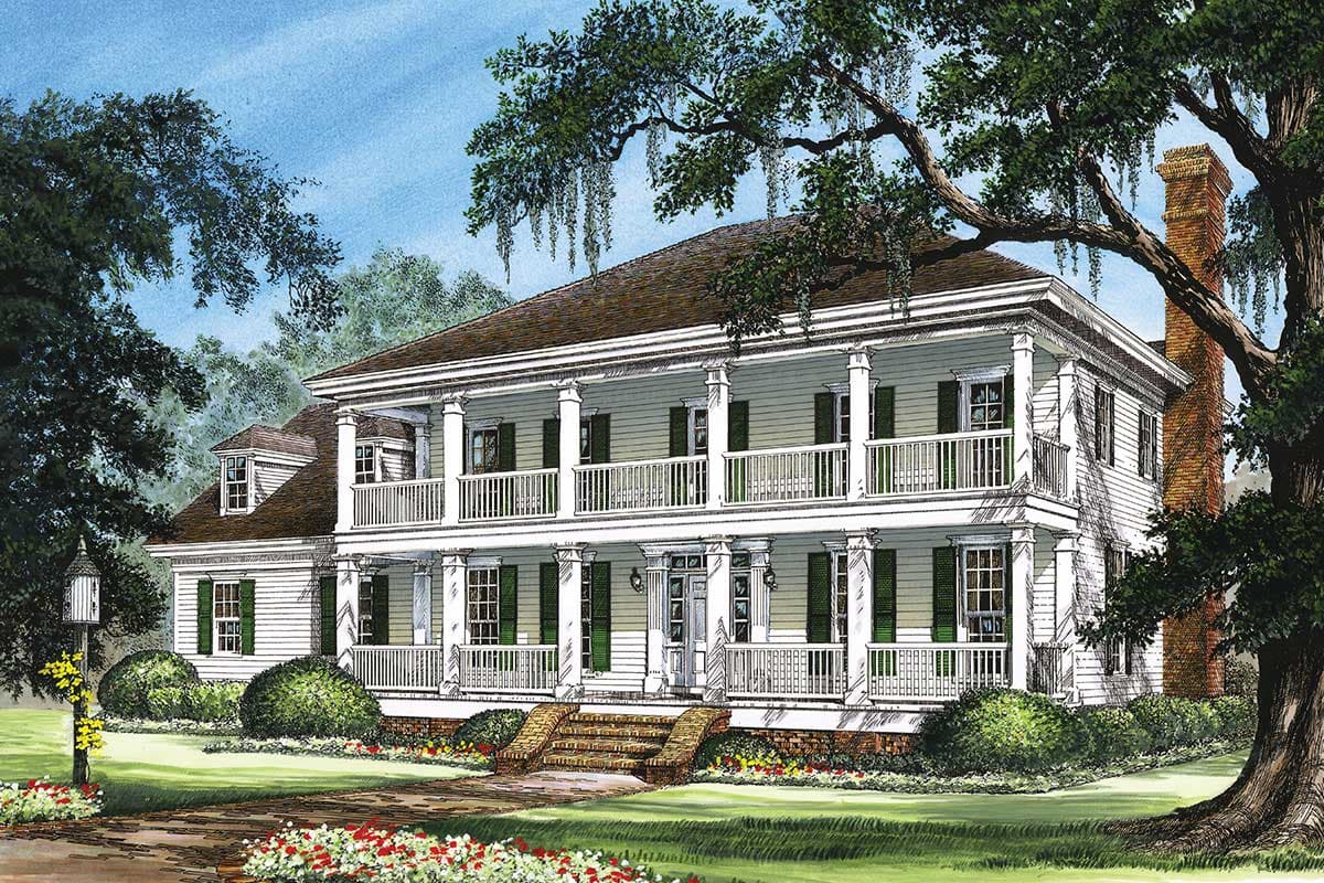 House plan exterior: Two-story Southern Colonial style with double-tiered porches, dormers, and a prominent brick chimney.