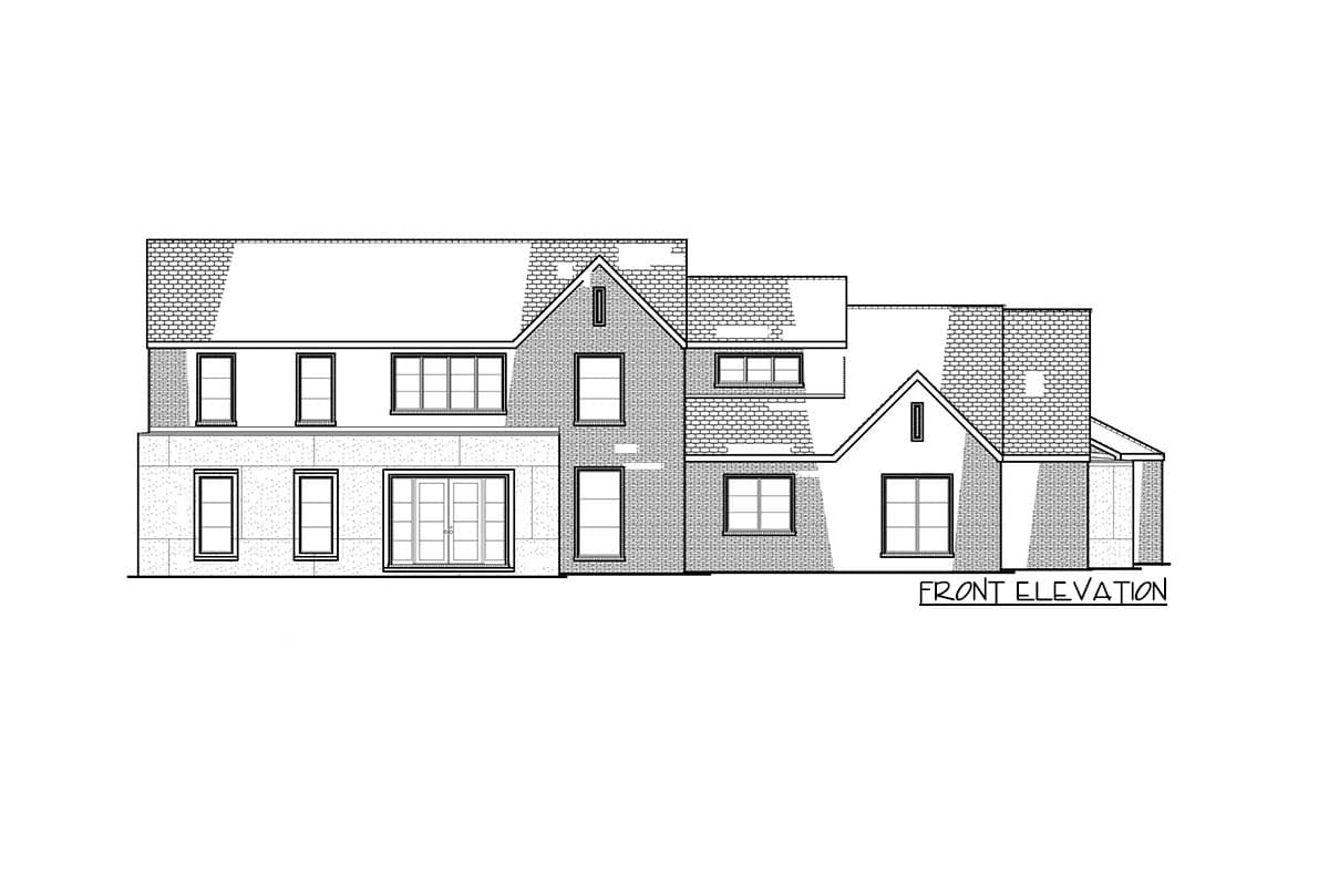 Front elevation drawing of a two-story house with gables, varied window styles, and brick and stone exterior.