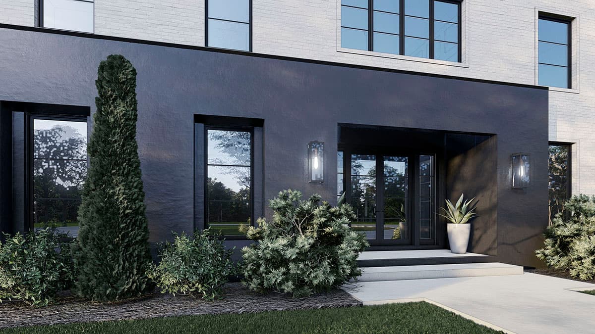 House plan exterior with white brick upper story, dark stucco lower story, double entry doors, and large windows.