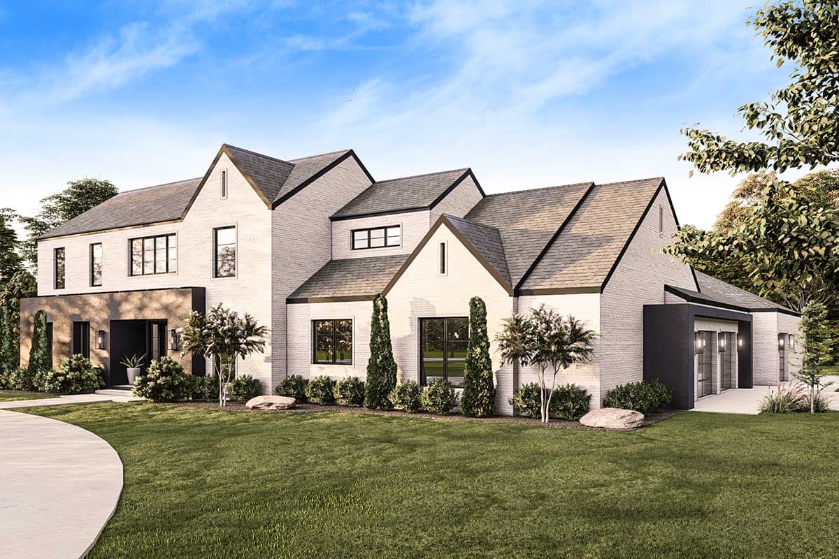 Modern house plan exterior: Two-story white brick home with dark trim, multiple gables, and attached three-car garage.