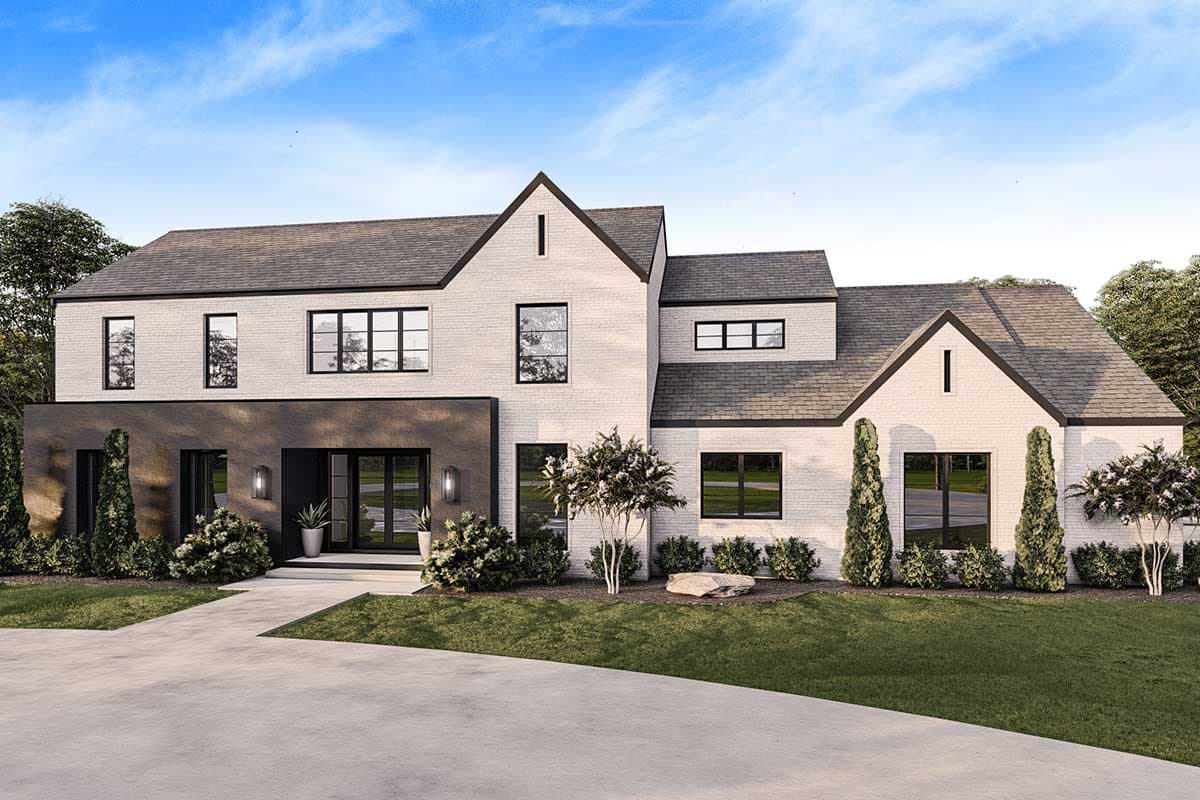 House plan exterior. Two-story Modern house with a gabled roof, brick facade, and dark framed windows. Entry features a recessed facade.