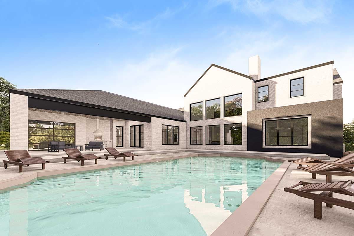 House plan exterior with a large swimming pool, covered patio with fireplace and seating, and a modern two-story structure with many windows.