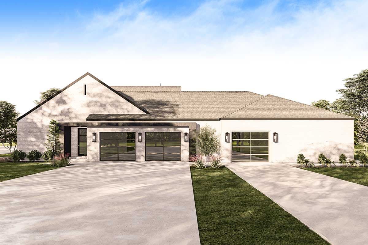 House plan exterior with a pitched roof, white brick accents, a two-car garage, and a single garage door.