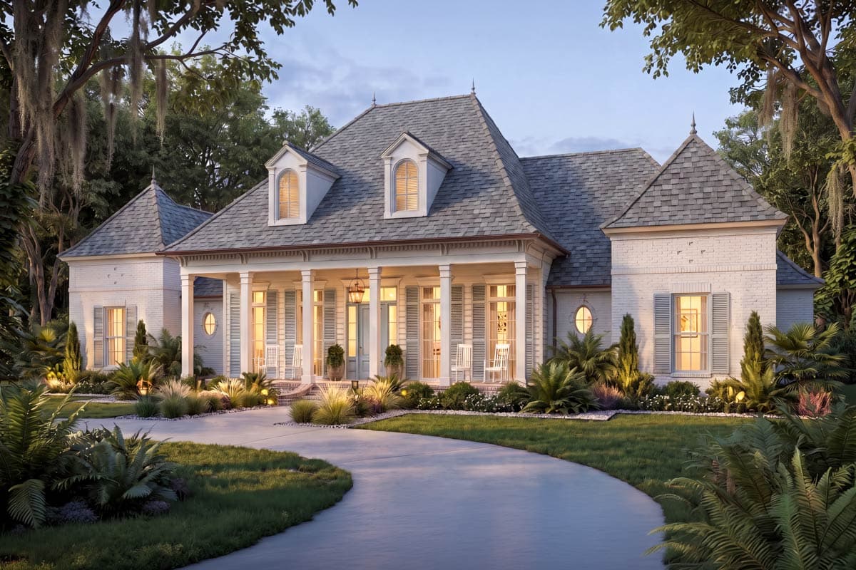 Plan 56505SM: Louisiana-Style House Plan with Home Office and a Vaulted Outdoor Living Room - 3585 Sq Ft - Image #1 - Acadian, French Country, Louisiana-Style, Southern, Traditional