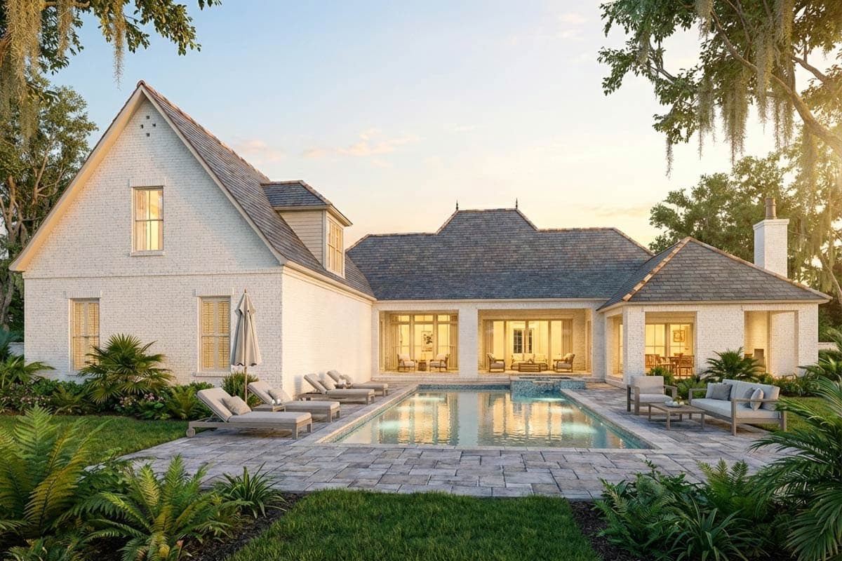 Exterior view of a luxury house with a swimming pool. The white brick home has a pool, patio with lounge chairs, and an outdoor seating area.