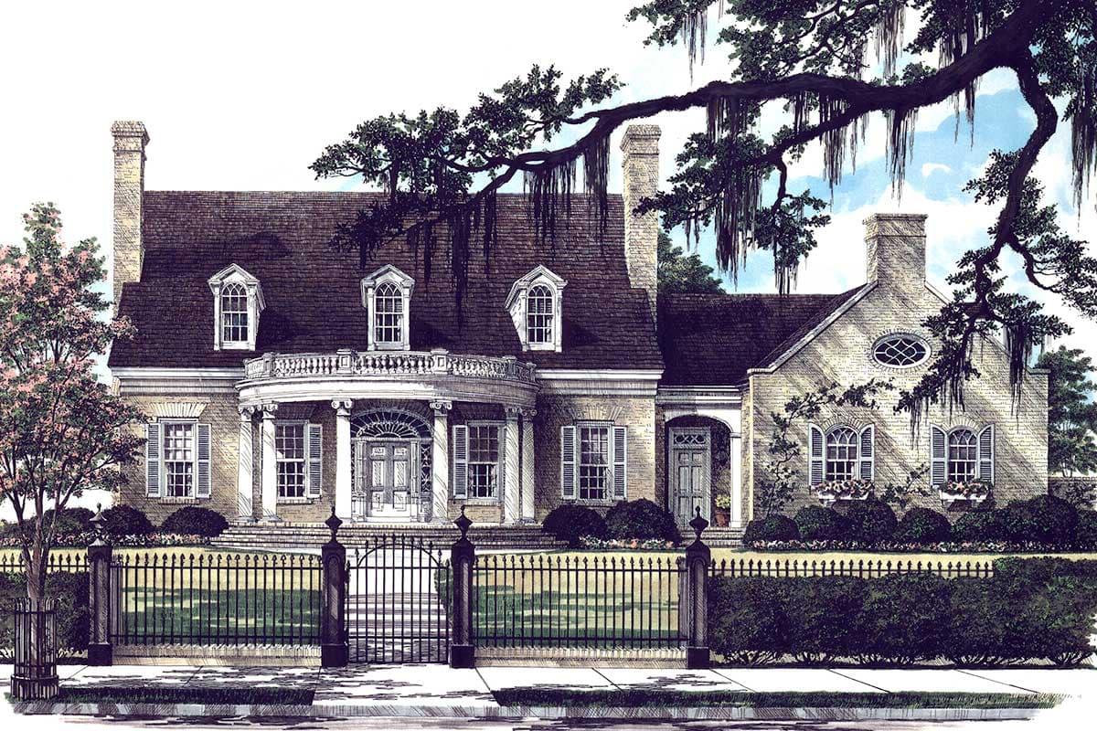 House plan exterior: Brick home with a hipped roof, dormers, central balcony with columns, and an oval window.
