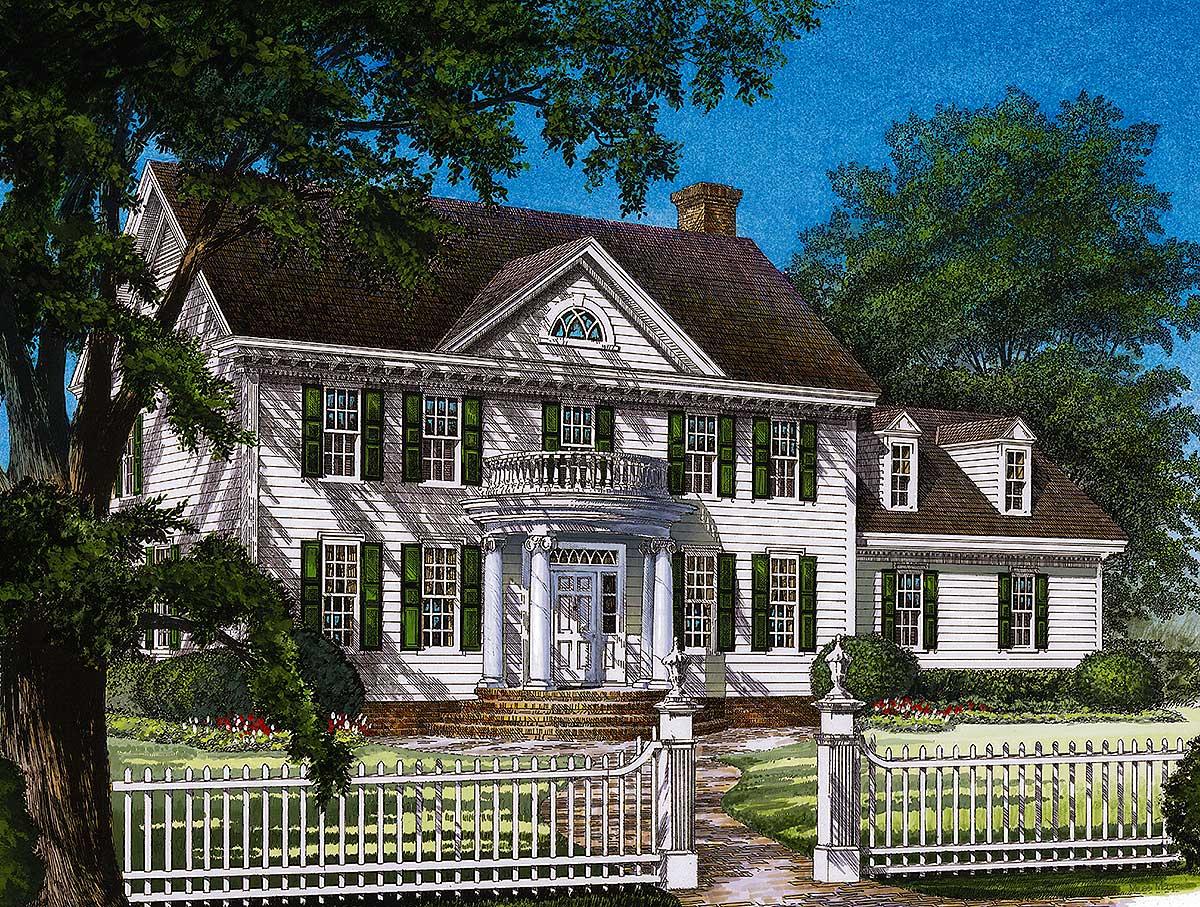 House plan exterior. Two-story Colonial with gabled roof, dormers, and a prominent front porch with columns and balustrade railing.