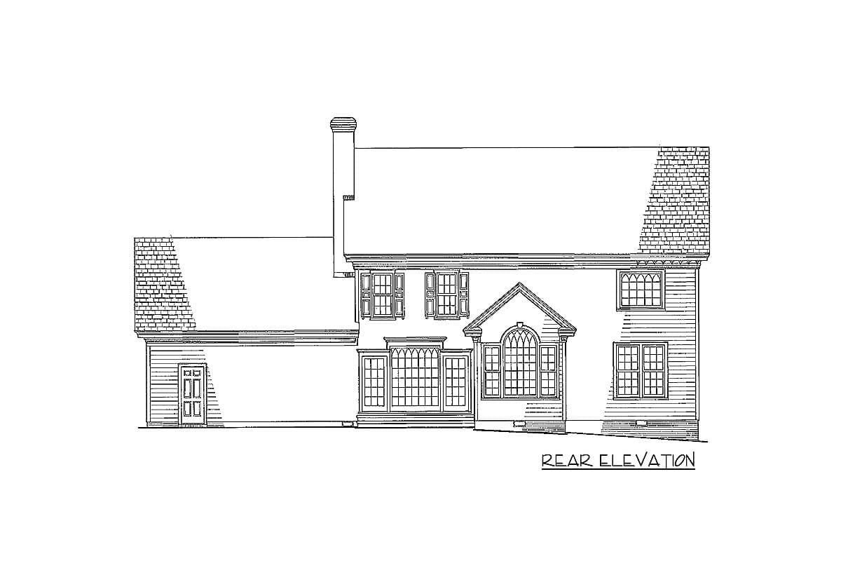 Rear elevation drawing of a two-story house plan with a gable roof, dormers, a prominent bay window, and a two-car garage.