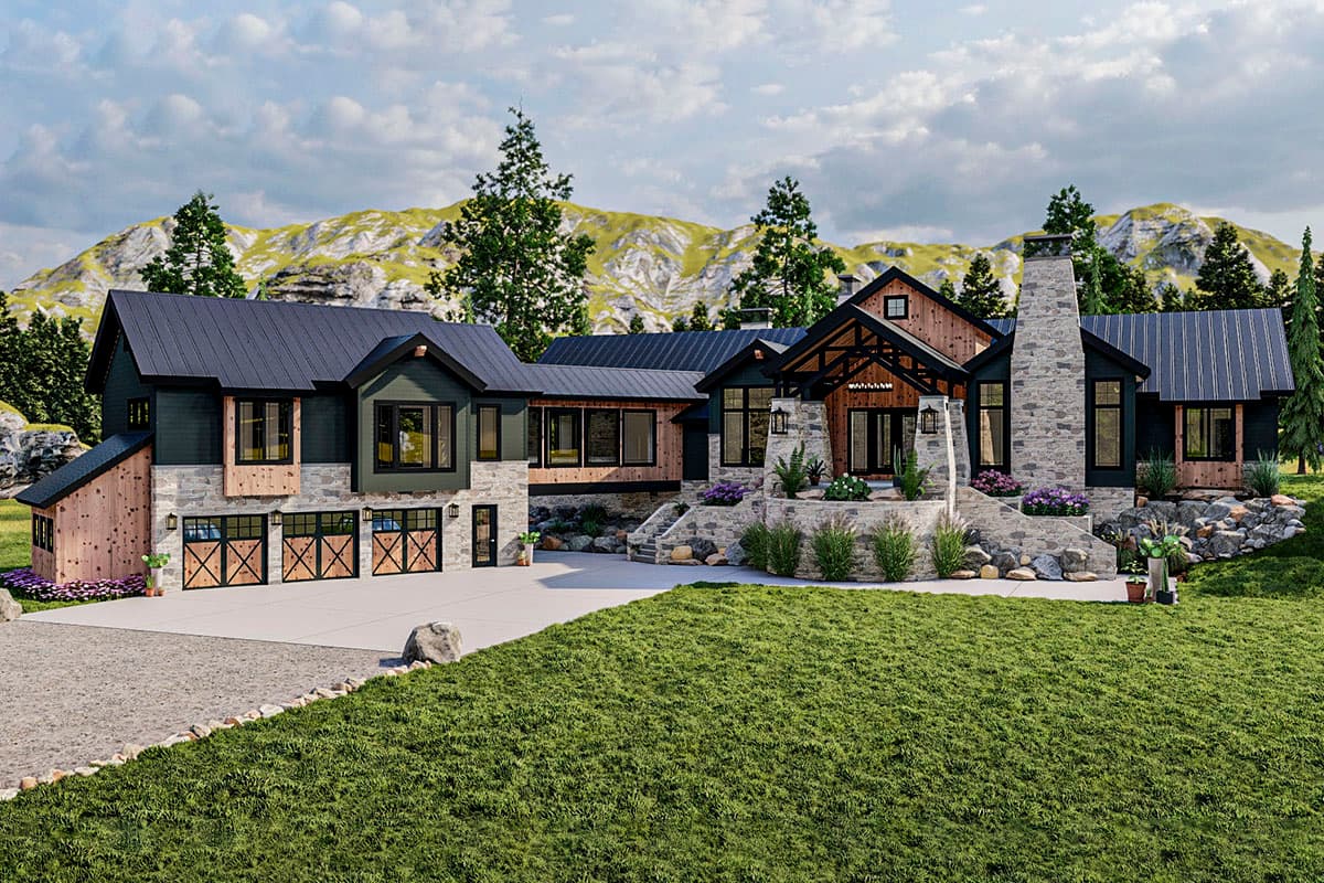 House plan exterior. Modern style with multiple rooflines, stone and wood accents. Features include a three-car garage and a large chimney.