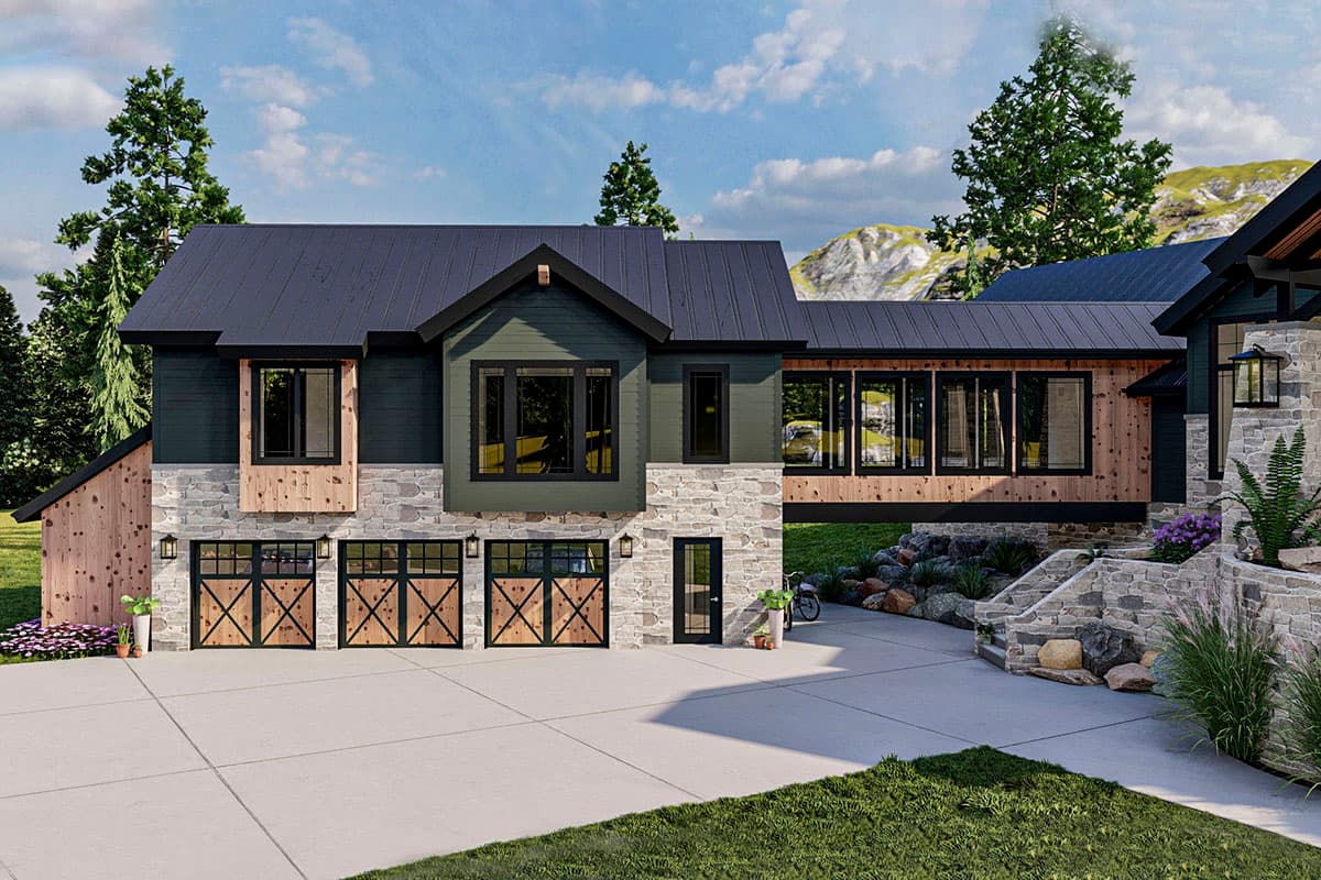 House plan exterior showing a two-story modern home with a dark metal roof, stone base, wood siding, and a four-car garage.