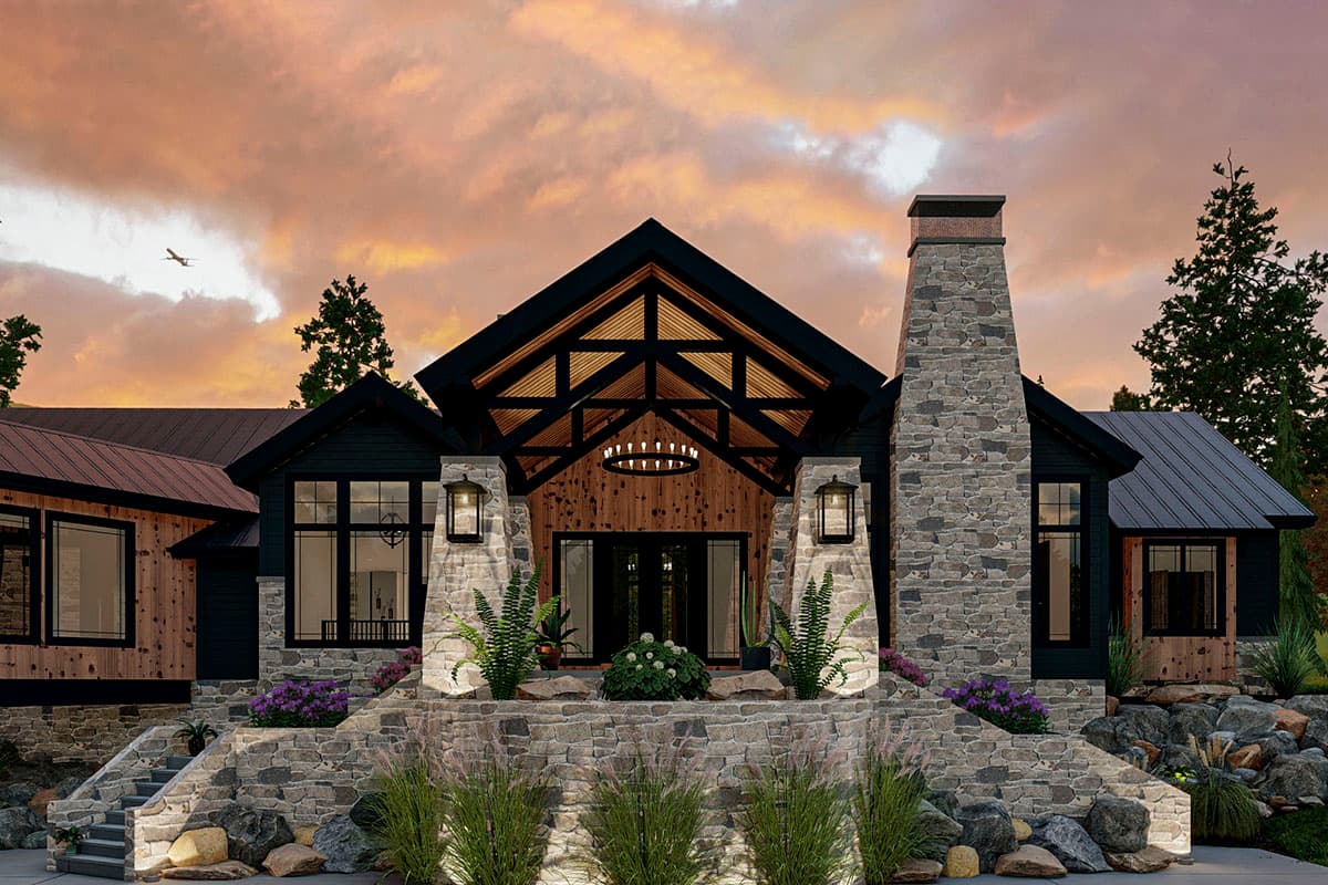House plan exterior: Modern design with gabled entrance, stone chimney, wood siding, and large windows.
