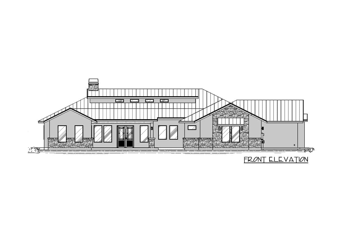 Front elevation of a single-story house plan with a metal roof, stone accents, double entry doors, and a chimney.