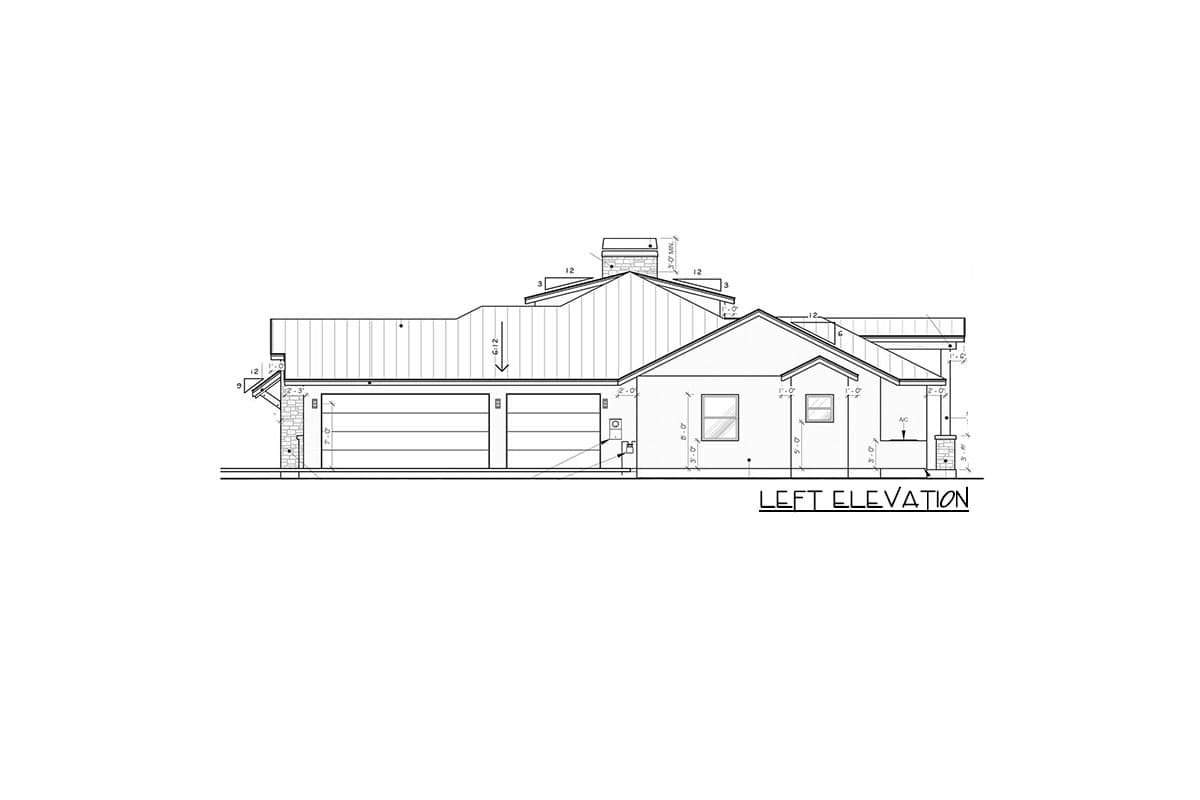 Left elevation house plan shows two garage doors, a hip roofline, and gabled roof sections.