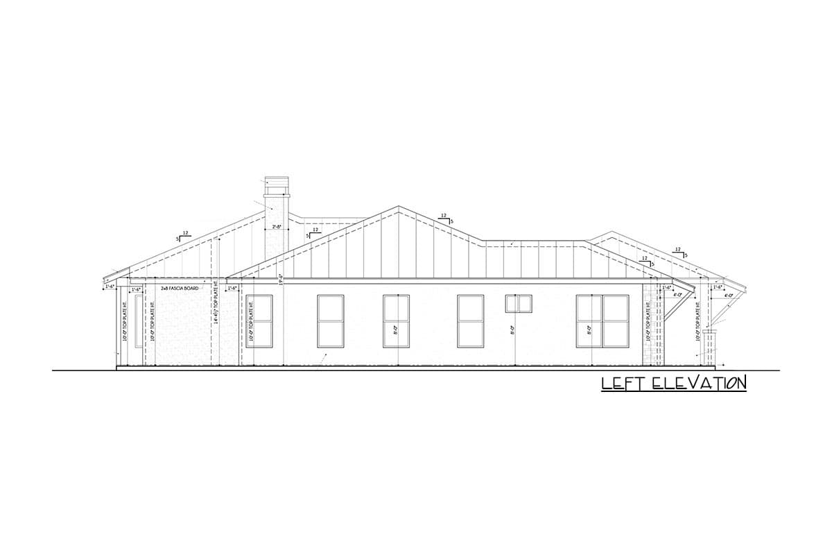 Left elevation drawing of a house plan showing a gable roof, chimney, and multiple windows.