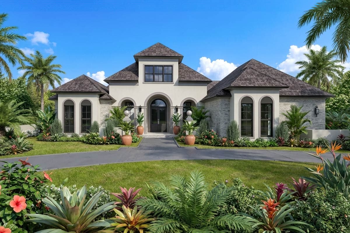 House plan exterior, one story, stucco finish, stone accents, arched entryway, and multiple gabled roofs.