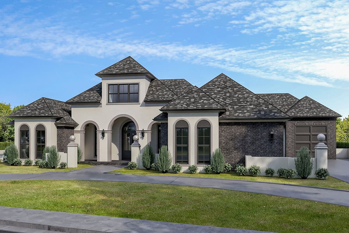 House plan exterior with arched entry, multiple gables, brick accents, and a two-car garage.